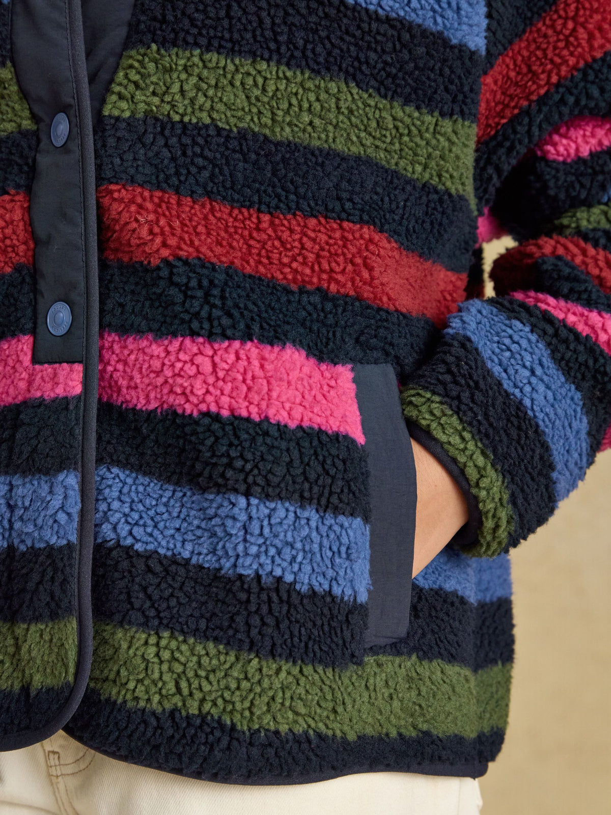 Joules women's navy stripe borg fleece jacket close-up