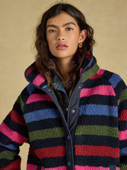 Joules women's navy stripe cozy borg fleece jacket with popper fastening