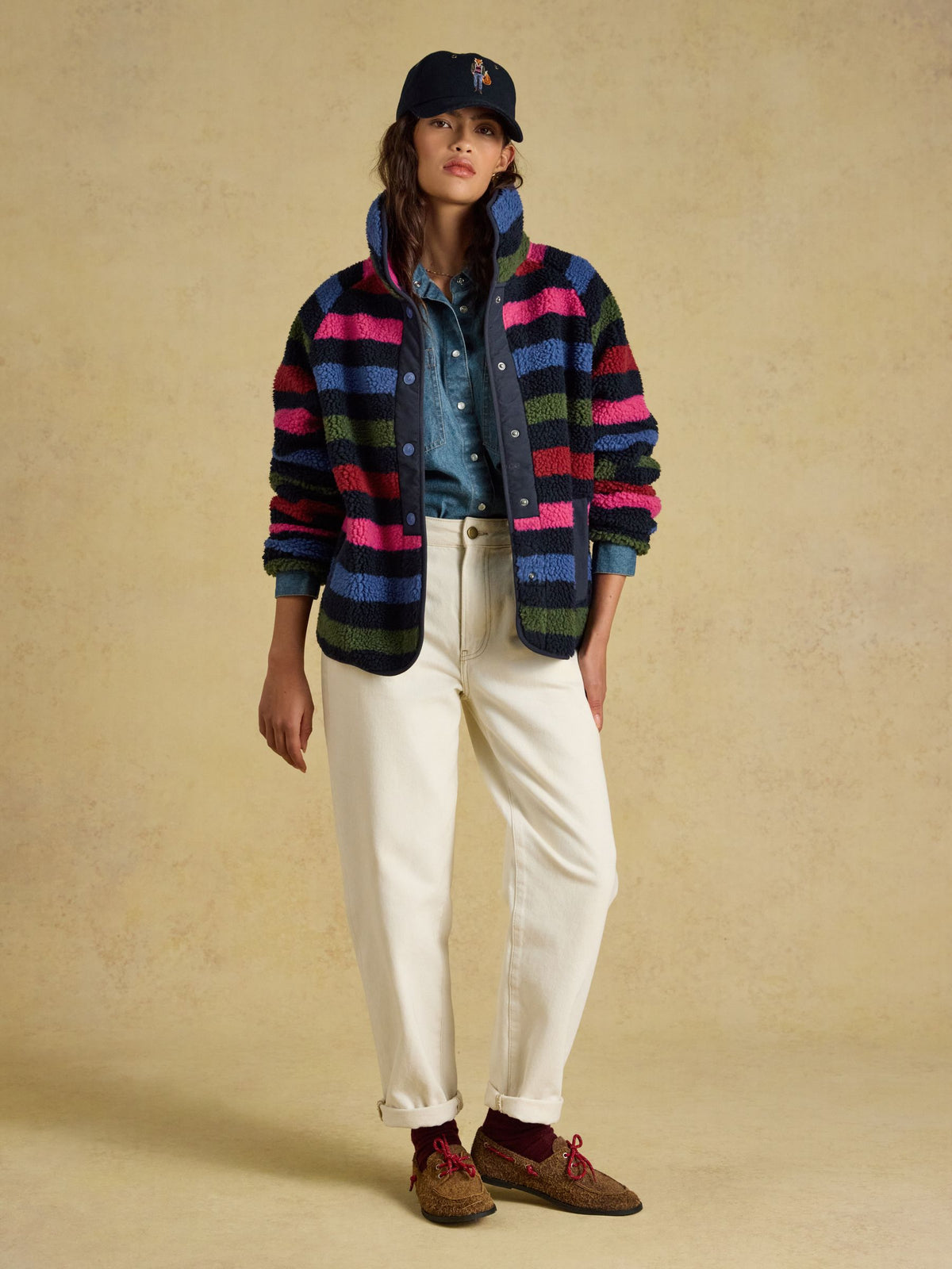 Joules Women's Navy Stripe Cozy Borg Fleece Jacket with Recycled Polyester