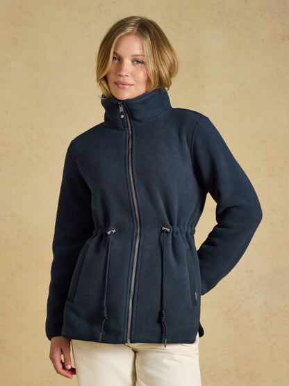 Joules women's navy blue plush fleece funnel neck jacket with adjustable waist