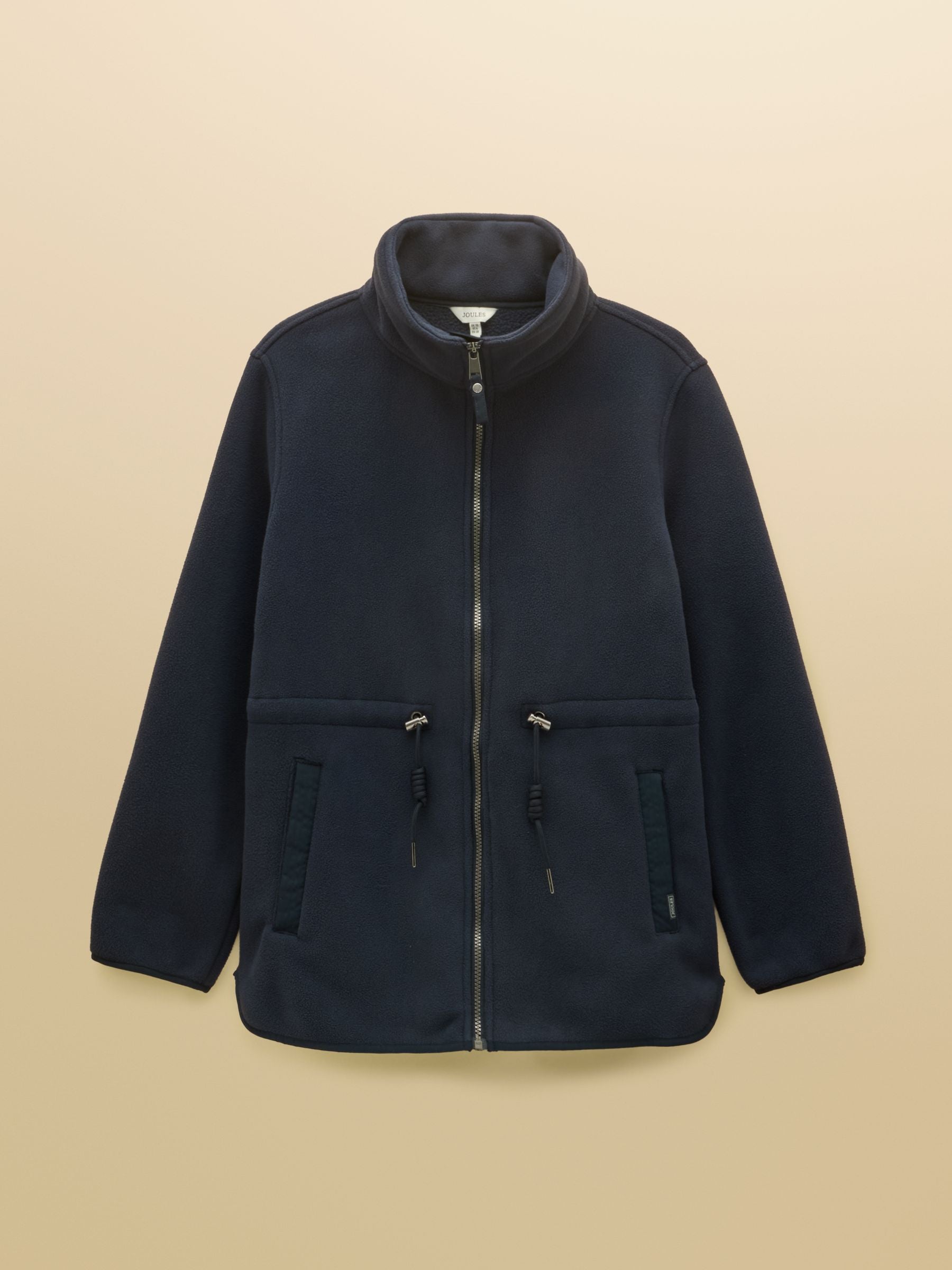 Joules women's navy plush fleece longline funnel neck full zip jacket with adjustable waist