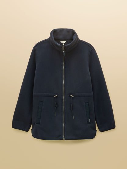 Joules women's navy plush fleece longline funnel neck full zip jacket with adjustable waist