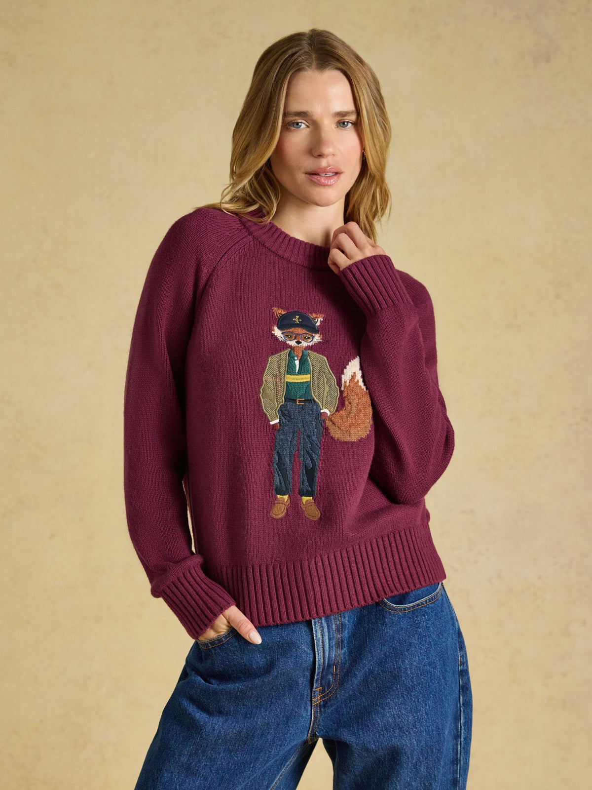 Joules women's burgundy sweater with embroidered fox graphic, cozy knit jumper