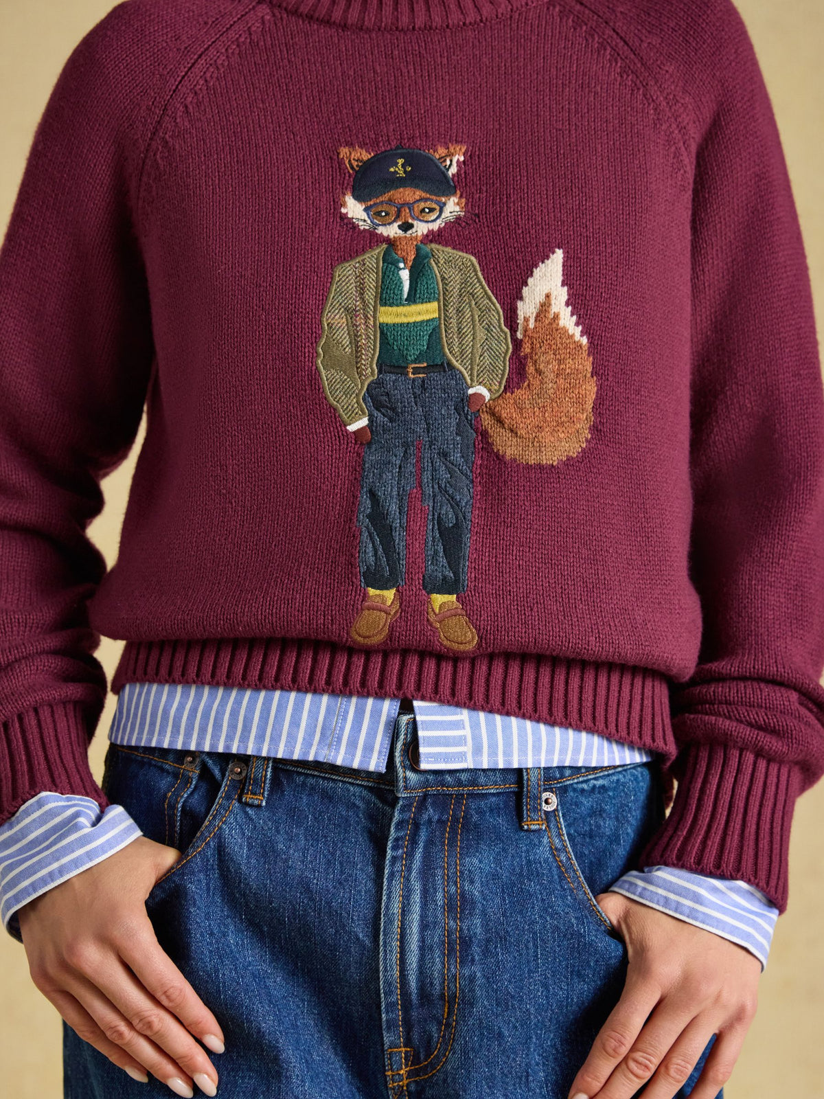 Joules Women's Burgundy Red Embroidered Fox Crew Neck Cozy Knit Jumper