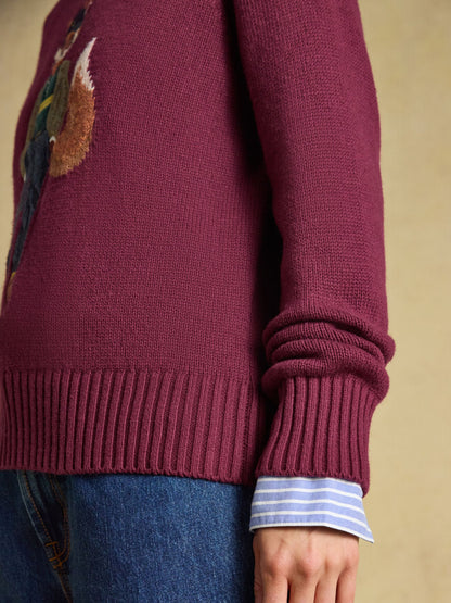 Joules Women's Burgundy Red Jonty Fox Cotton Blend Knitted Jumper with Whimsical Fox Print