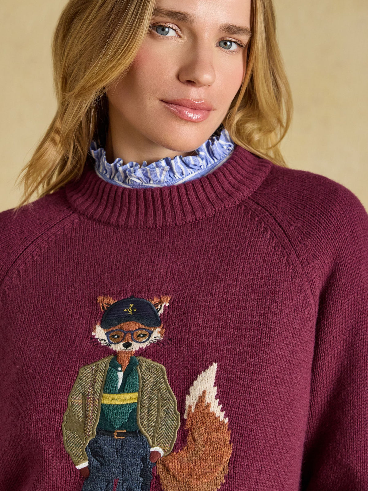 Joules Women's Jonty Fox Burgundy Embroidered Cotton Blend Crew Neck Jumper