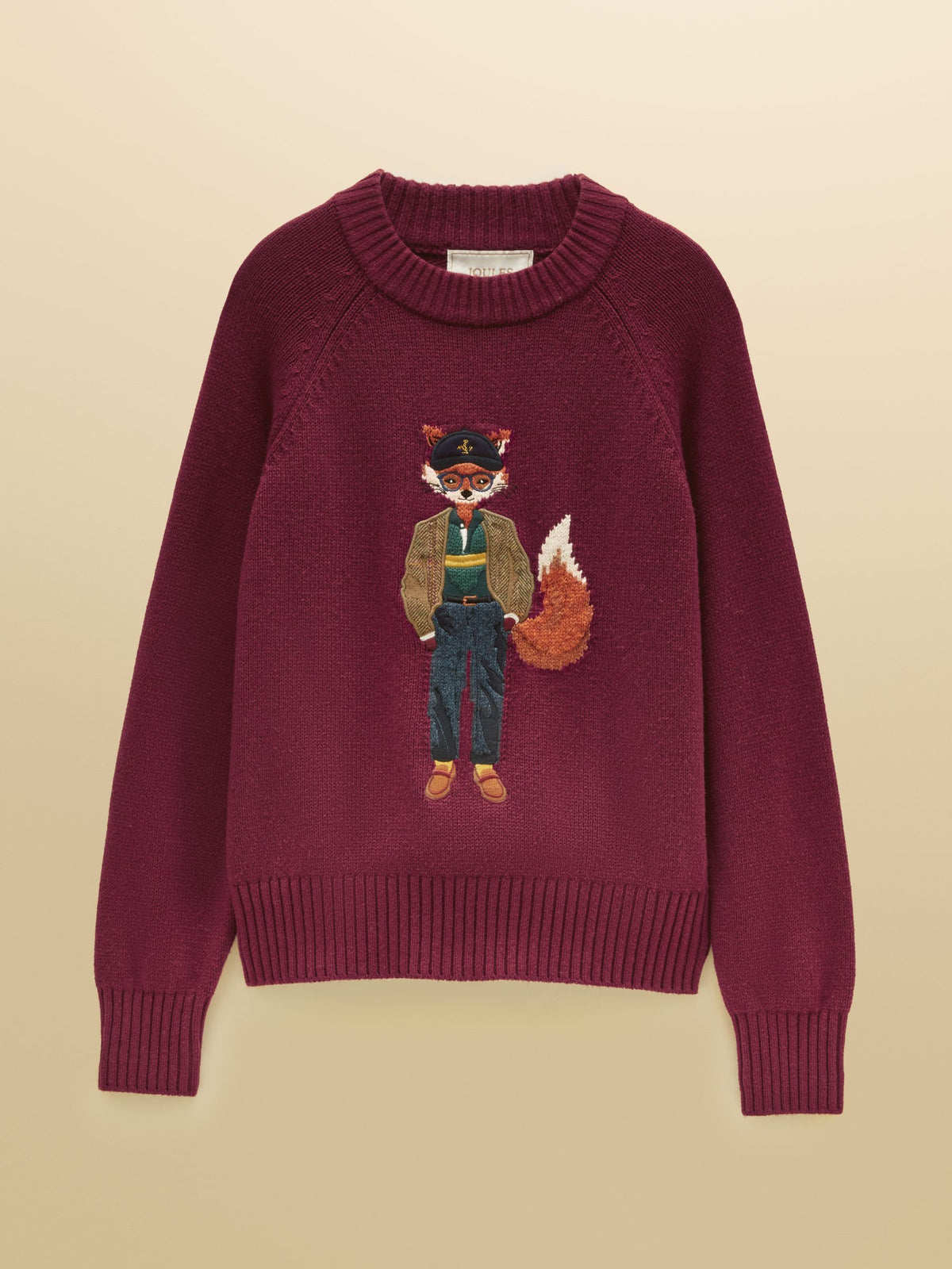 Women's Joules burgundy red knit jumper with embroidered Jonty Fox character design