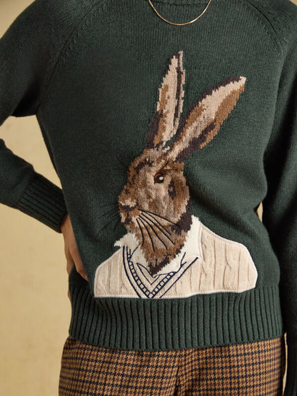 Joules women's green jumper with hare intarsia knit and embroidered detail, cotton blend