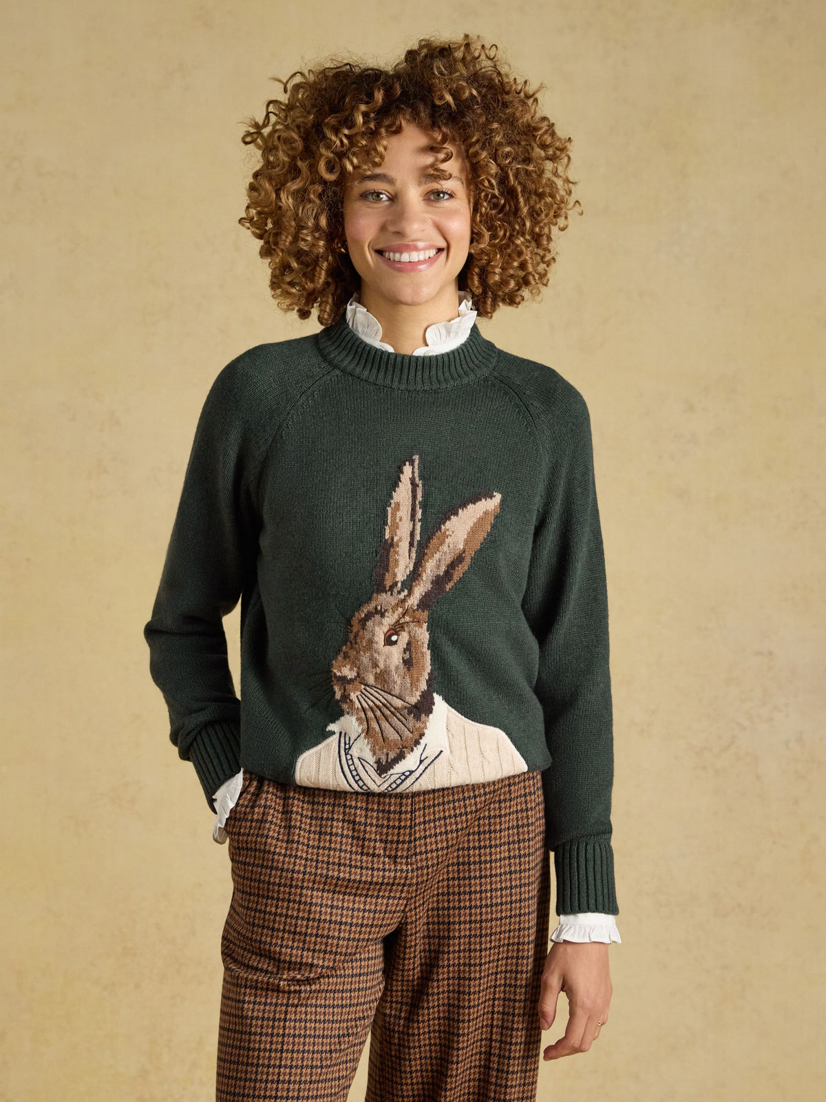 Women's Joules green knitted jumper with embroidered hare graphic, cotton blend with wool for cosy warmth.