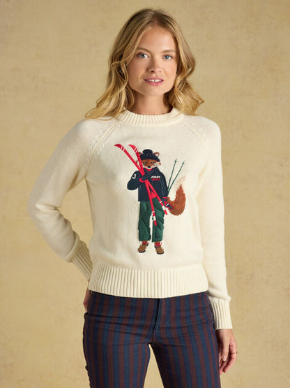 Joules women's cream knitted sweater with cute skiing fox graphic | Novelty winter jumper