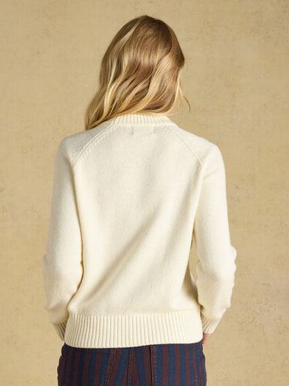 Women's Joules cream cotton blend knitted jumper with Jonty Fox skiing graphic. Cozy knit sweater.
