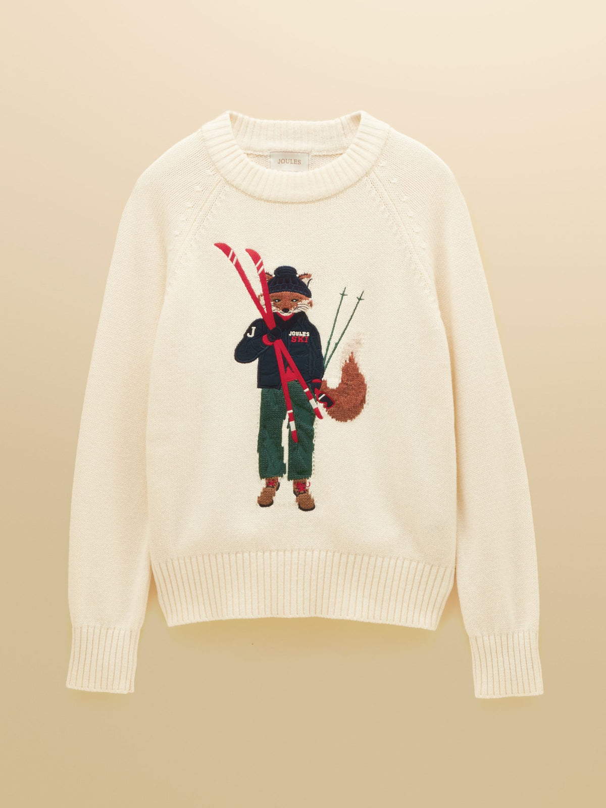 Joules women's cream knitted jumper with charming skiing fox embroidery for winter style