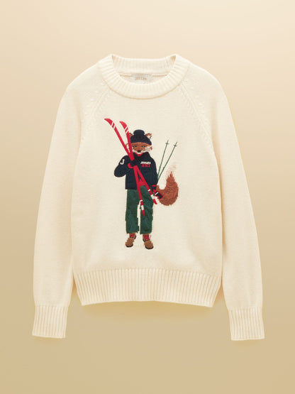 Joules women's cream knitted jumper with charming skiing fox embroidery for winter style