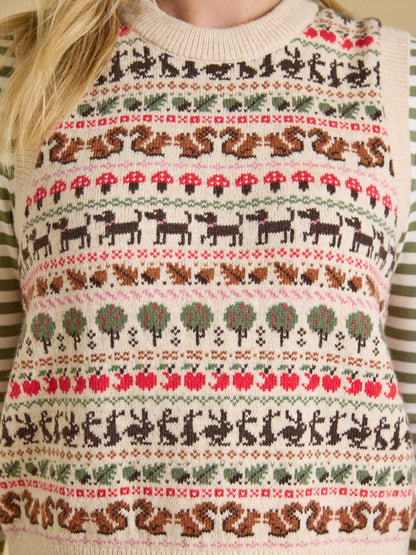 Joules Women's Oatmeal Fair Isle Knit Vest - Woodland Animals, Apples, Dogs, Squirrels