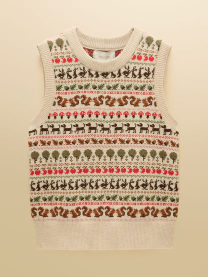 Joules Fair Isle Animal Pattern Knitted Vest - Women's Oatmeal Sleeveless Crew Neck