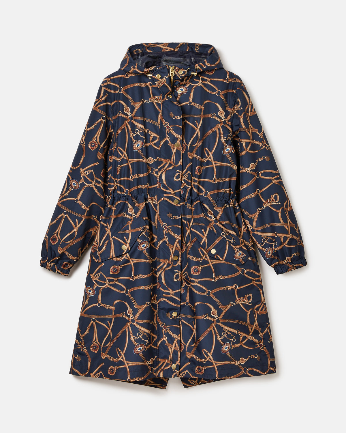 Joules Holkham Navy Blue Waterproof Packable Raincoat with Equestrian Print - Stylish Women's Outerwear