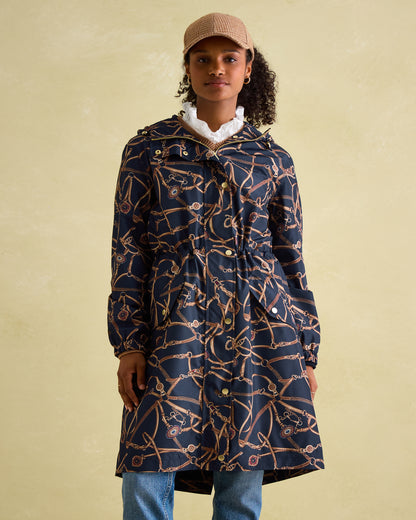 JOULES Holkham Navy Blue Waterproof Packable Raincoat - Belt & Chain Print - Equiflair