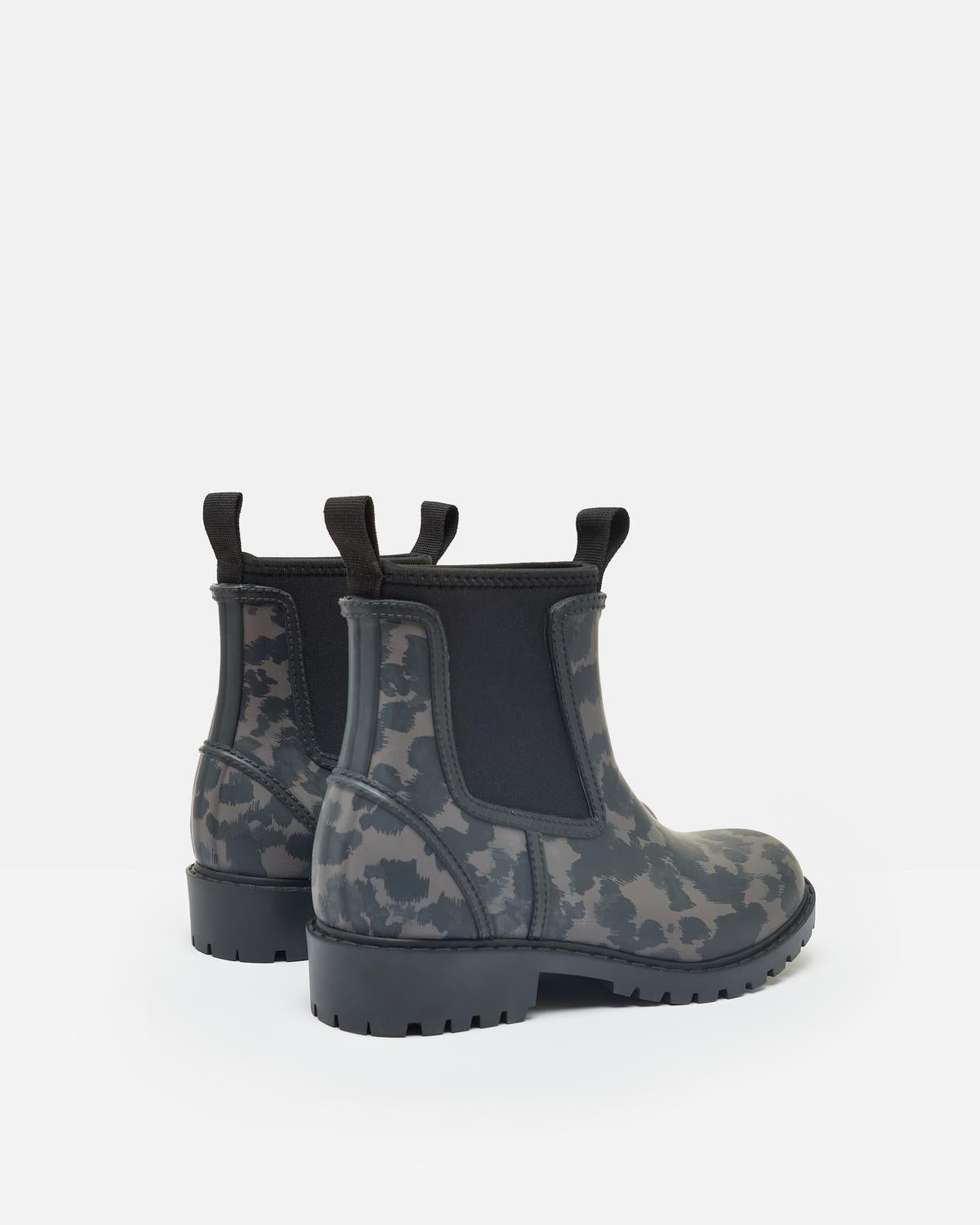 JOULES Oakfield Black Animal Print Short Neoprene-Lined Wellies - Stylish Women's Rain Boots for Everyday Wear