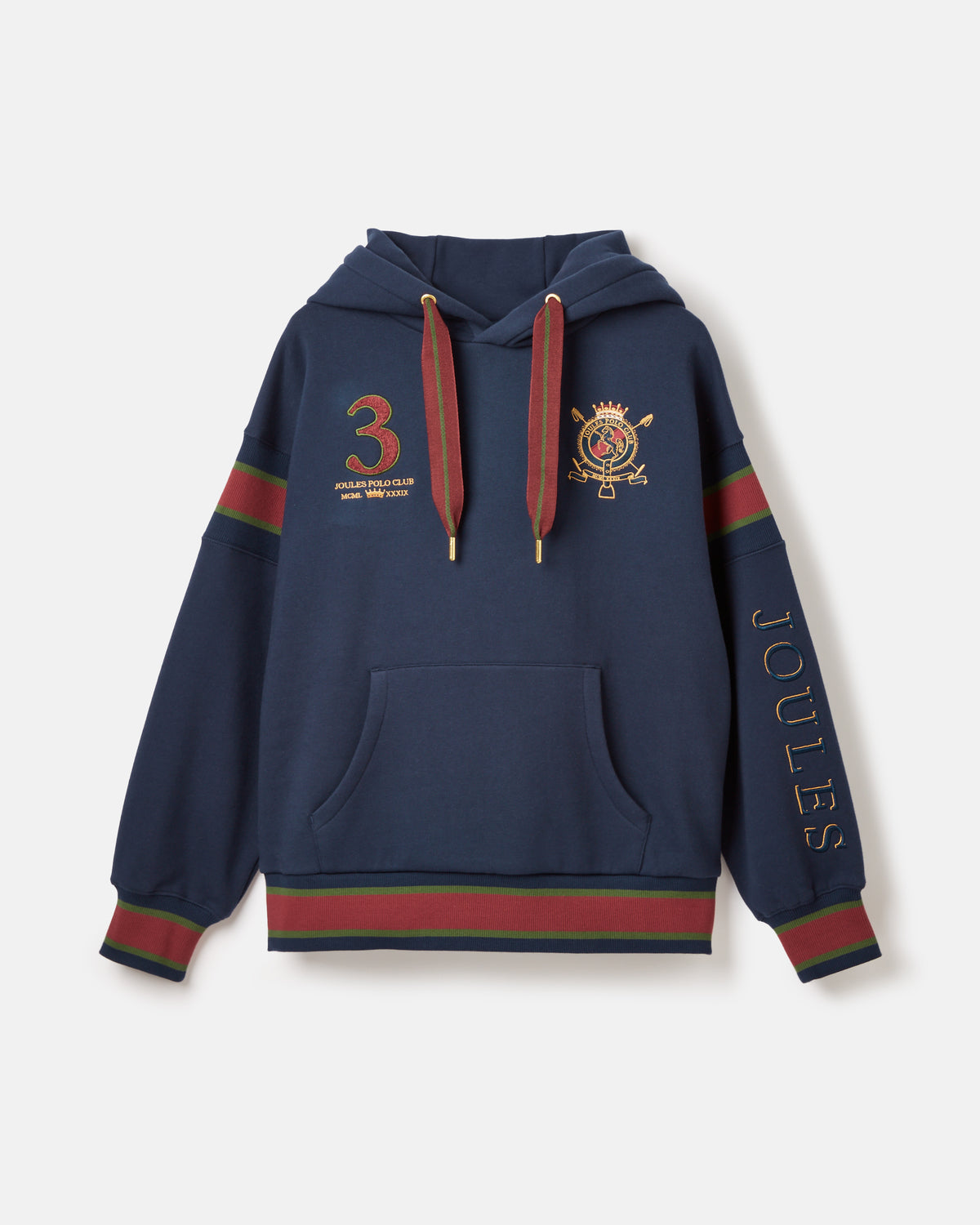 JOULES NEWHAM Navy Blue Embellished Hoodie - Polo Club Style, Embroidery, Drawstring Hood