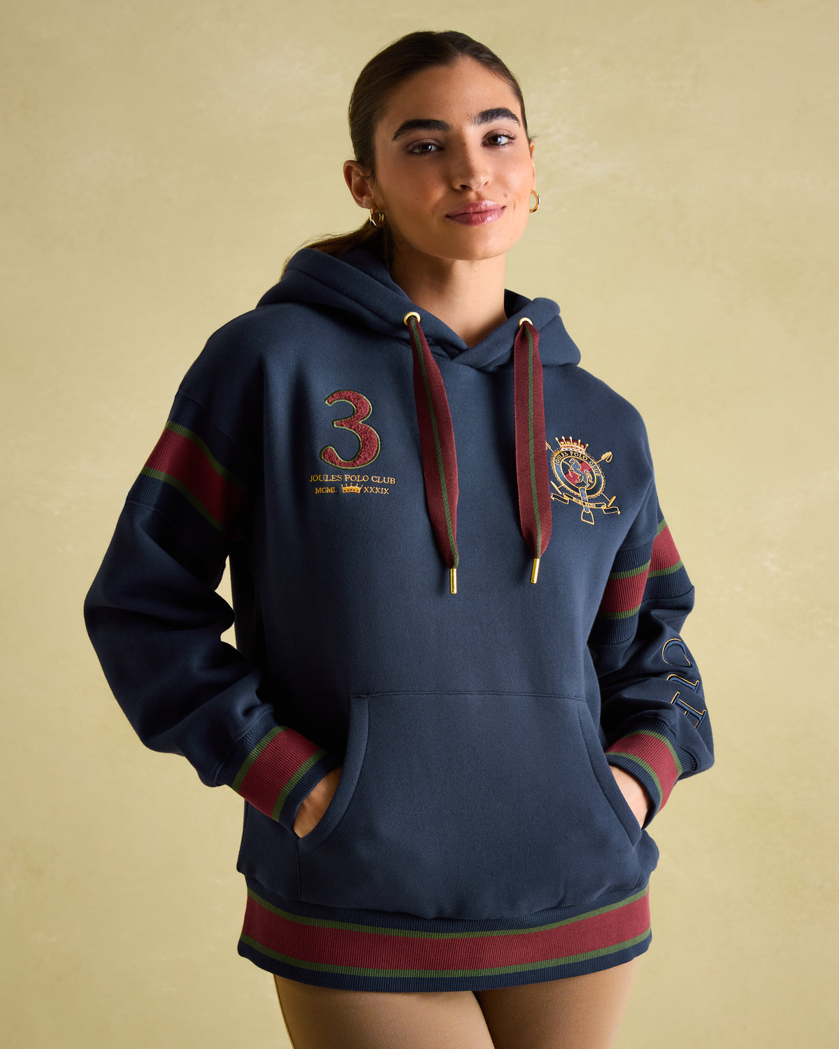 JOULES Newham Navy Blue Embellished Hoodie: Soft Cotton Blend, Drawstring Hood, Kangaroo Pocket, Embroidery Details - Equiflair
