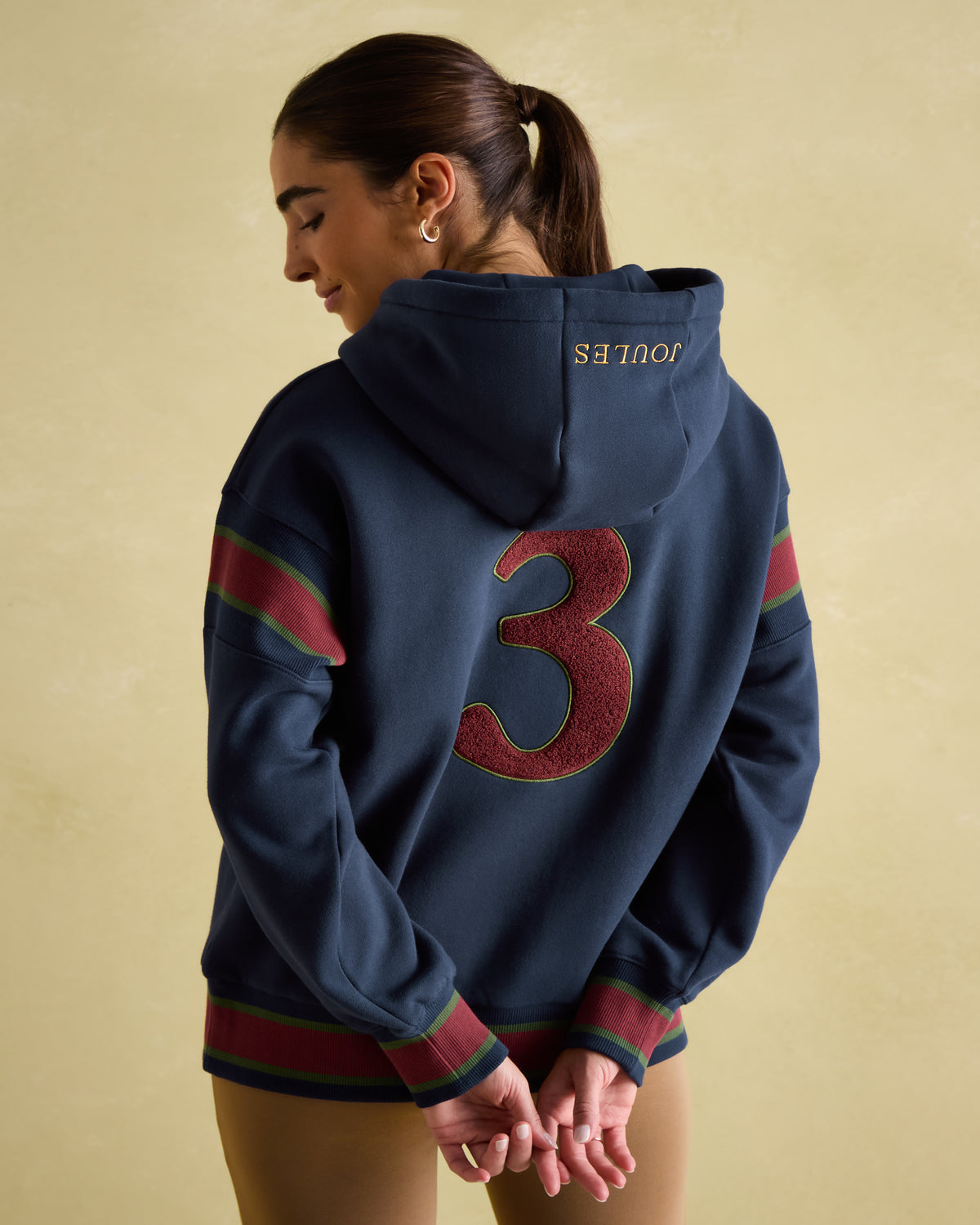 Joules Newham Navy Hoodie - Embellished '3' on Back, Drawstring Hood, Striped Sleeves. Shop Equiflair!