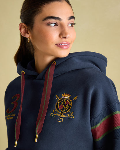 Joules Newham Navy Blue Embroidered Hoodie | Women's Sweatshirt with Drawstring Hood and Kangaroo Pocket by Equiflair
