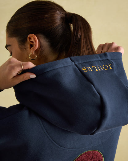 Joules Newham Navy Hoodie: Embroidered Details, Comfortable Cotton Blend. Equiflair.