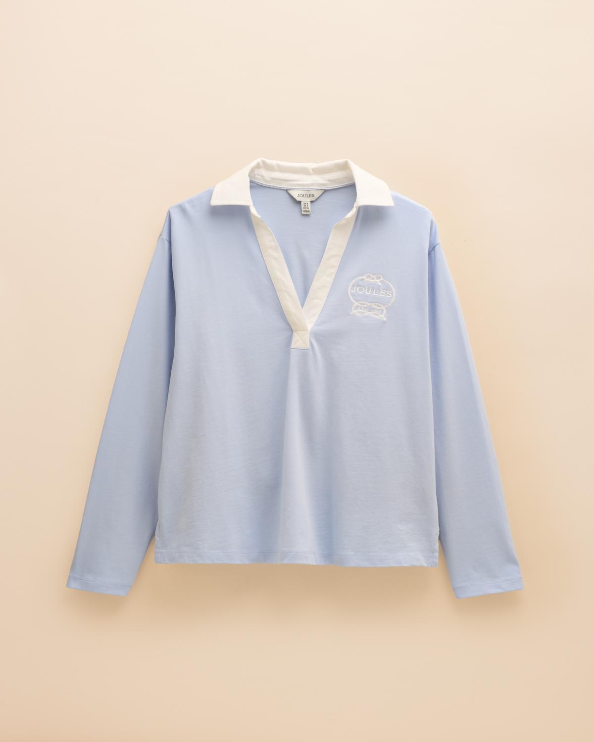 Joules Tallie Blue Top - Women's Short Sleeve Cotton Polo Shirt, Collared V-Neck Casual Top