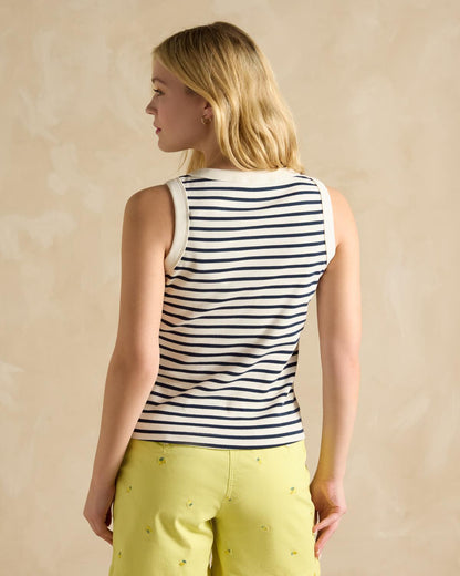 JOULES HARBOUR VEST CREME NAVY: Woman in striped tank top and yellow lemon shorts from Equiflair.