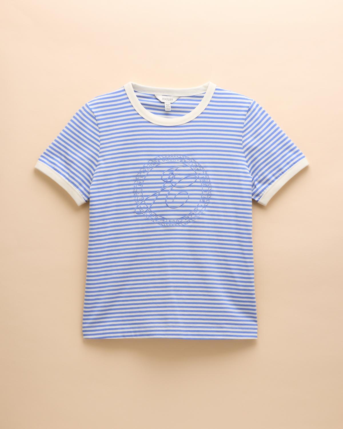 JOULES Kitsford Logo Top Blue Stripe - Women's T-shirt with short sleeves, cotton, and striped design.