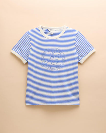 JOULES Kitsford Logo Top Blue Stripe - Women's T-shirt with short sleeves, cotton, and striped design.