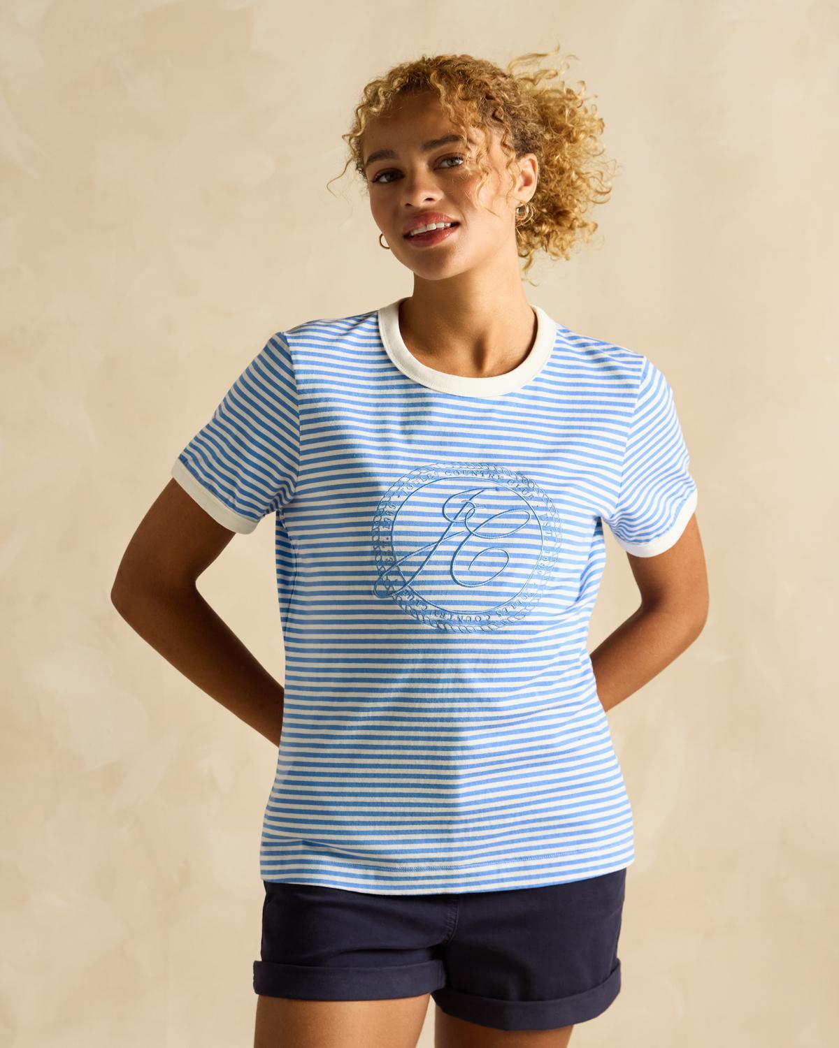 Joules Kitsford Blue Stripe Logo Top: Women's Striped T-shirt with Embroidered Logo, Short Sleeves, Round Neck, Casual Summer Fashion