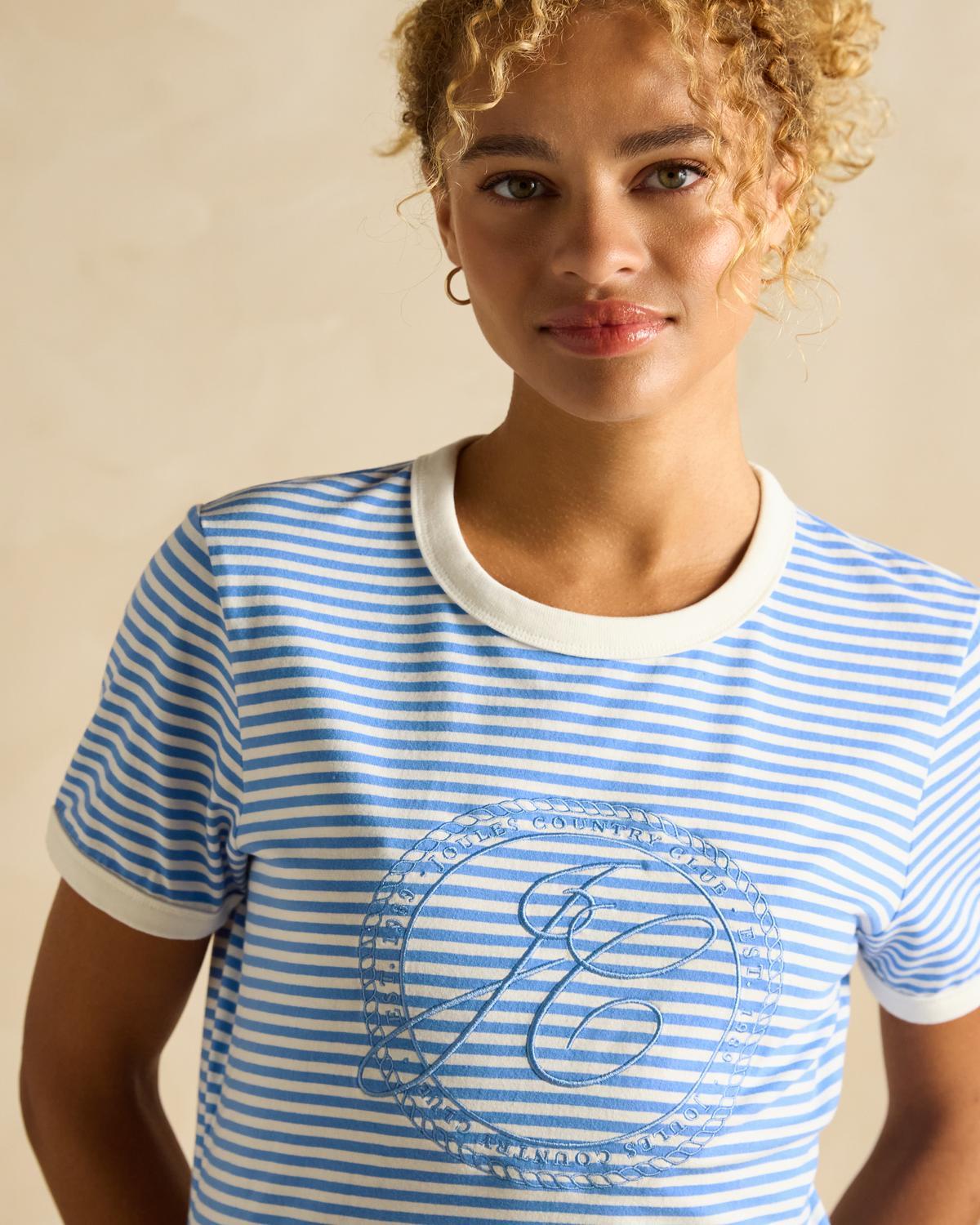Joules Kitsford Blue Striped T-Shirt Women's Short Sleeve Top Logo