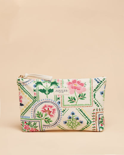 Joules Mosaic Floral Zip Pouch - Cotton Clutch Bag with Water-Resistant Lining | Stylish Travel Accessory