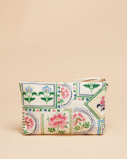 JOULES Carrywell Pouch: Mosaic Floral Pattern, Zippered Cosmetic Bag, Stylish Clutch