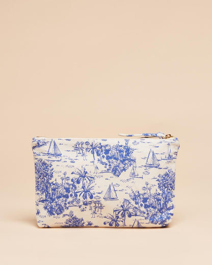 Joules Carrywell Zip Pouch - Blue Toile Print Cotton Clutch - Beach or Cosmetic Bag