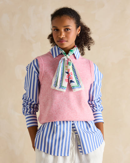 Joules Silk Scarf Floral Print: Woman Wearing Pink Sweater Vest and Striped Shirt with Mosaic Floral Skinny Scarf