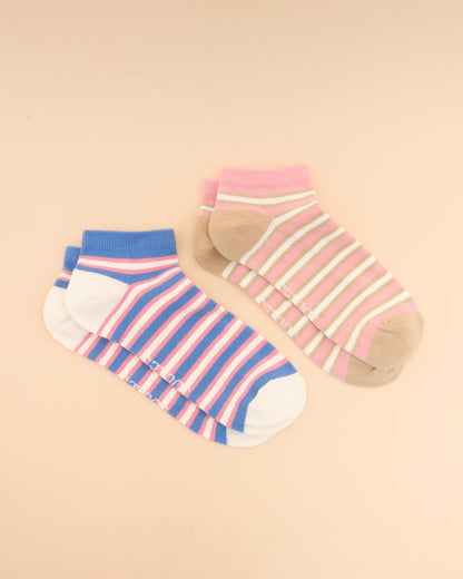 Joules Rilla Striped Trainer Socks - Blue & Pink, Cotton Blend, Equiflair