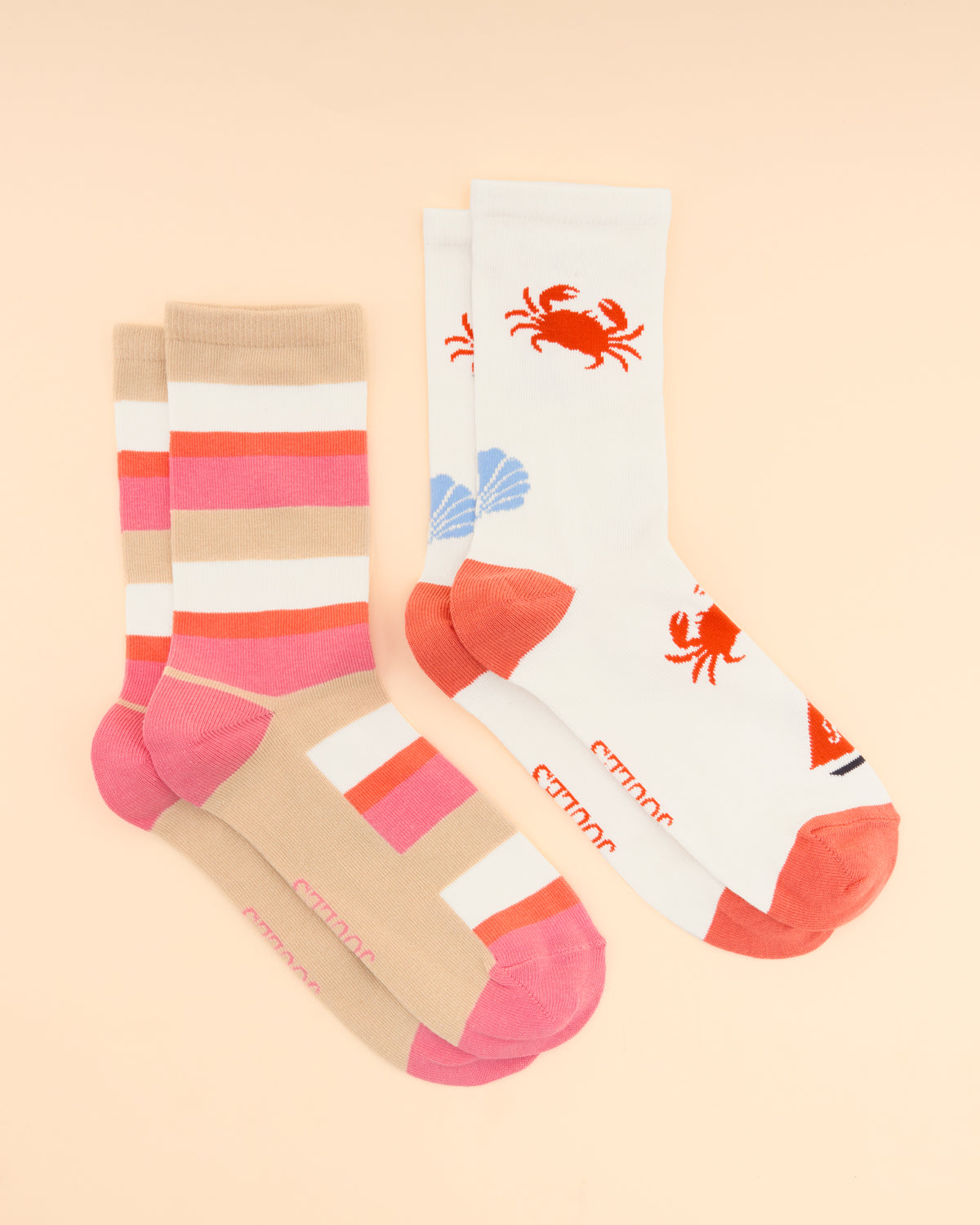 JOULES Everyday Socks 2-Pack: Nautical Theme - Crab & Stripes, Pink, Beige, White Cotton blend