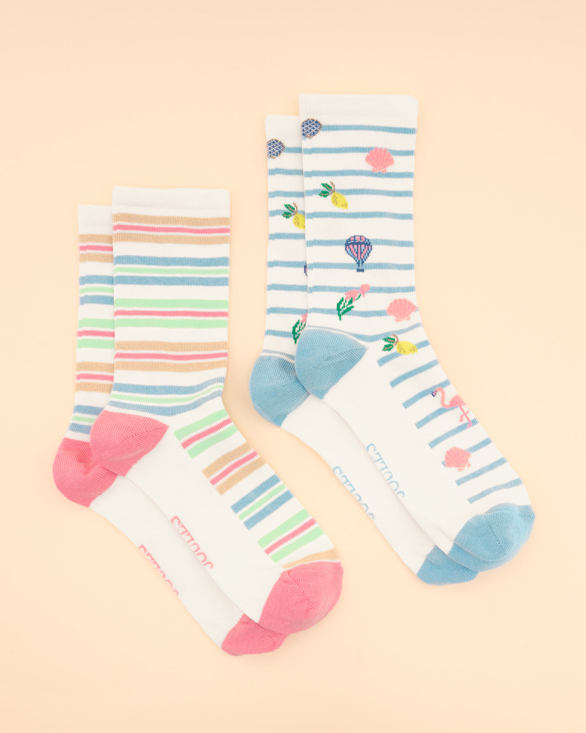 Joules Everyday Socks 2-Pack: Summer Icons, Striped Cotton Blend Socks, Cute Flamingo and Seashell Designs