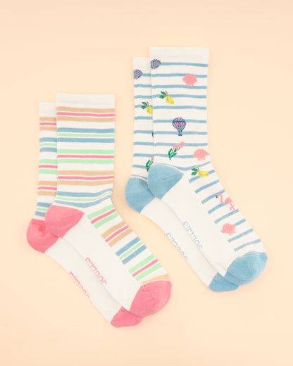Joules Everyday Socks 2-Pack: Summer Icons, Striped Cotton Blend Socks, Cute Flamingo and Seashell Designs