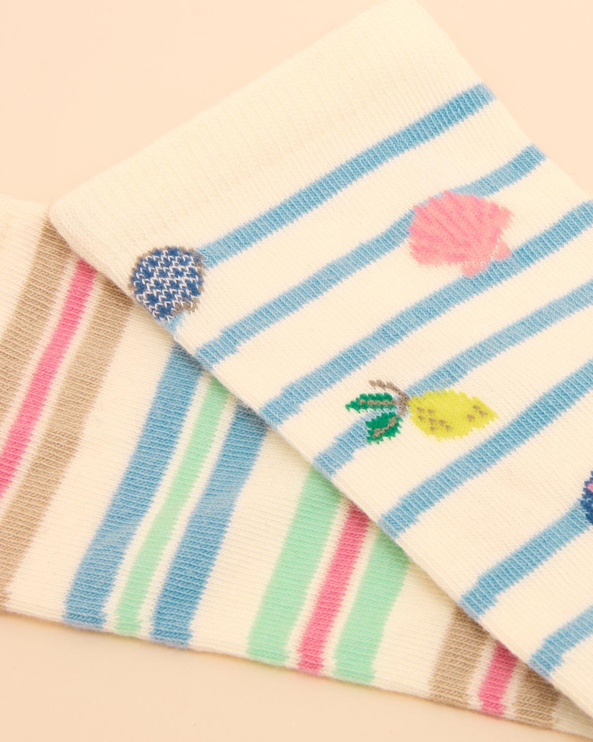 Joules Summer Icons Socks 2-Pack: Striped Cotton Socks with Fruit Prints - Comfortable & Stylish Socks for Women