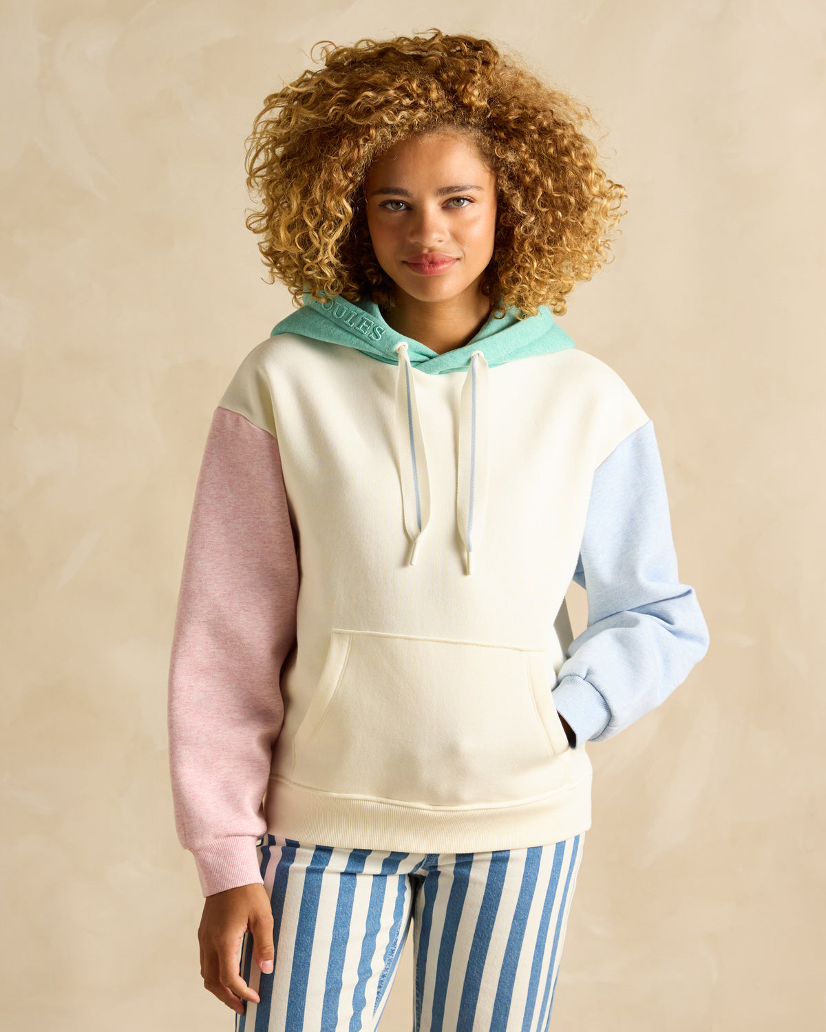 Joules Milbourne Colorblock Hoodie: Women's fashion cotton blend sweatshirt with kangaroo pocket.