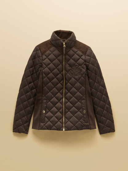 Women's Joules Braemar Luxe brown diamond quilted showerproof coat with suedette accents.