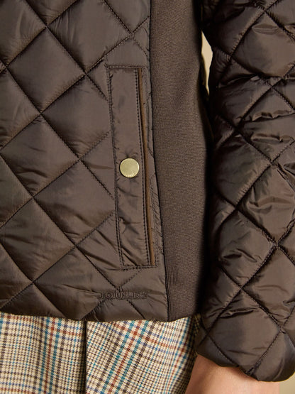 Joules Women's Braemar Luxe brown diamond quilted showerproof coat with pocket detail