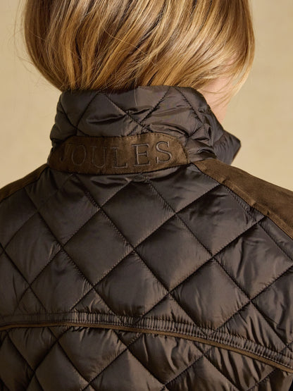 Joules women's brown diamond quilted showerproof coat with suedette accents and embroidery