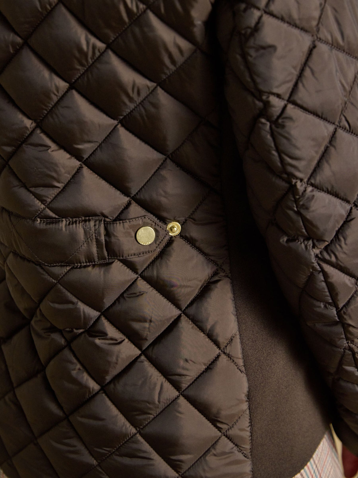 Brown diamond quilted women's jacket by Joules with gold button detail
