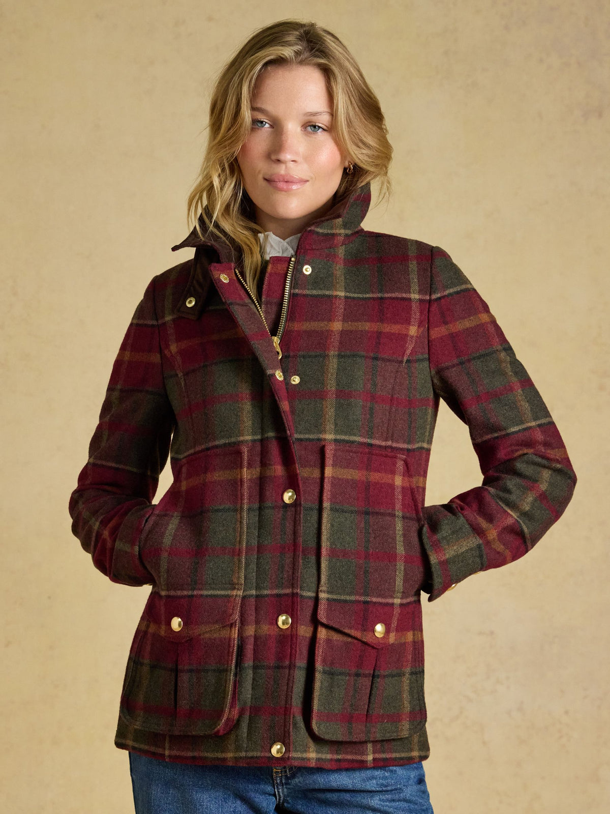 Joules Women's Red Check Wool Blend Tweed Field Coat - Stylish Winter Jacket