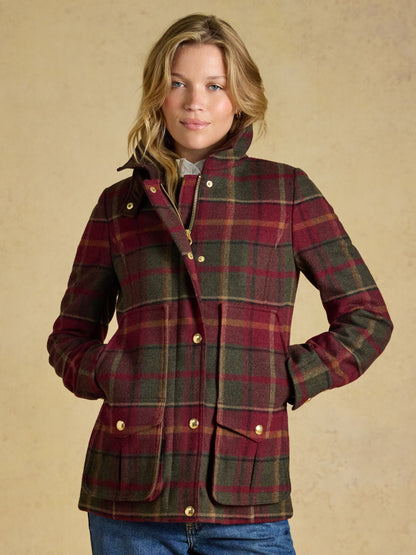 Joules Women's Red Check Wool Blend Tweed Field Coat - Stylish Winter Jacket