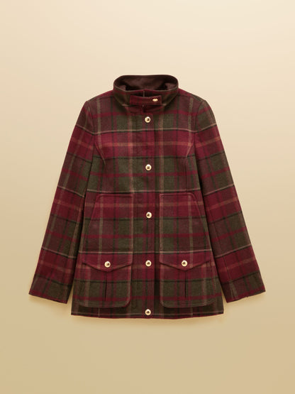 Women's Joules Red Plaid Wool Blend Tweed Fieldcoat with Suede Collar and Pockets